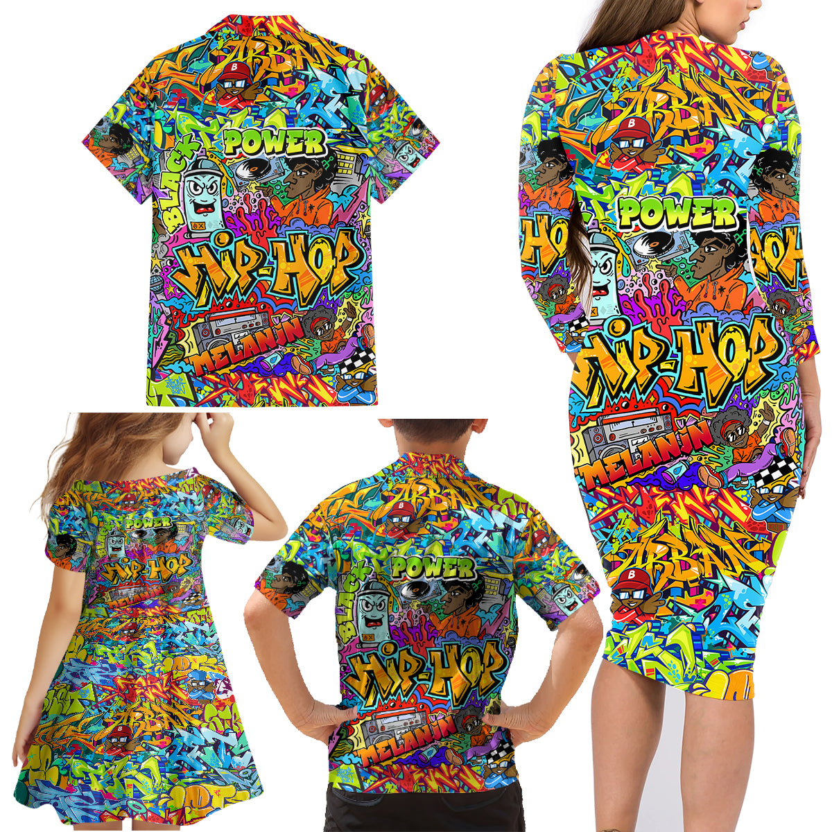 Hip Hop Graffiti Art Family Matching Long Sleeve Bodycon Dress and Hawaiian Shirt Black Power - Wonder Print Shop