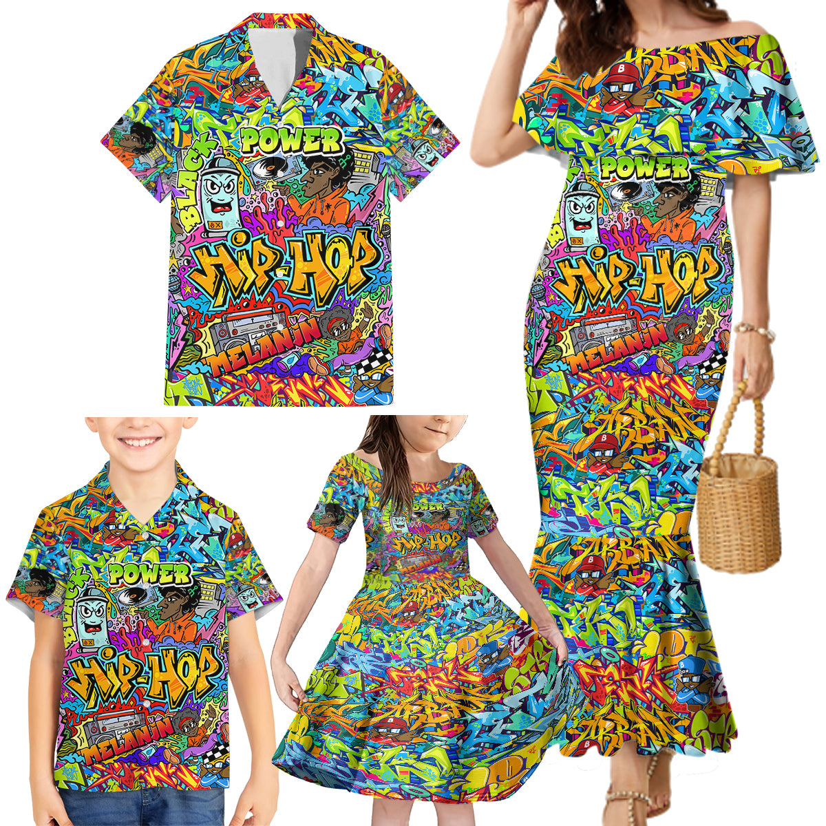 Hip Hop Graffiti Art Family Matching Mermaid Dress and Hawaiian Shirt Black Power - Wonder Print Shop