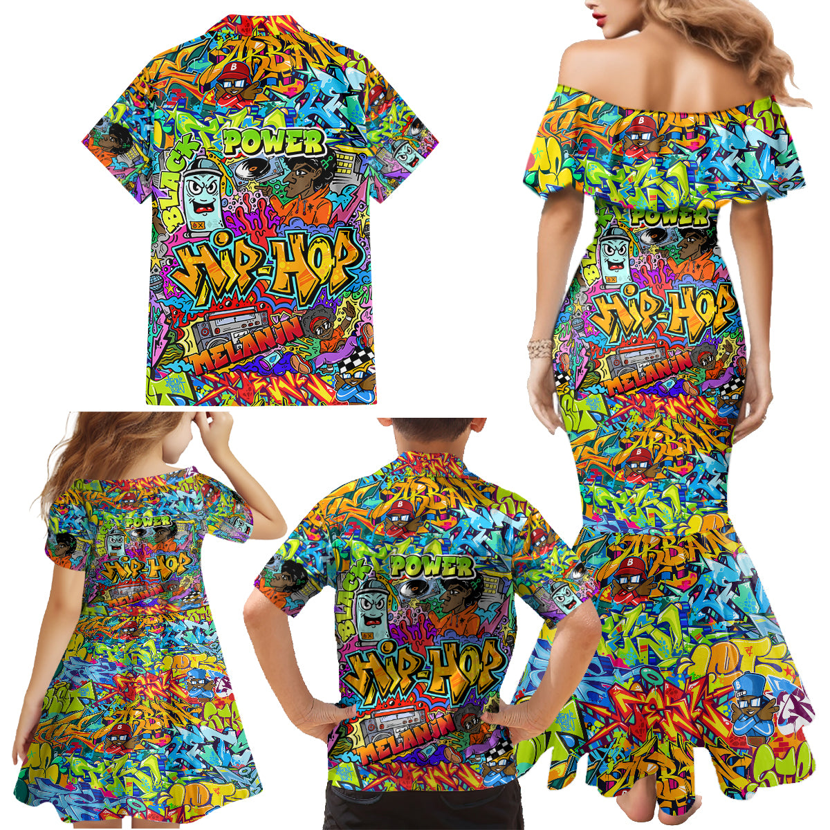 Hip Hop Graffiti Art Family Matching Mermaid Dress and Hawaiian Shirt Black Power - Wonder Print Shop