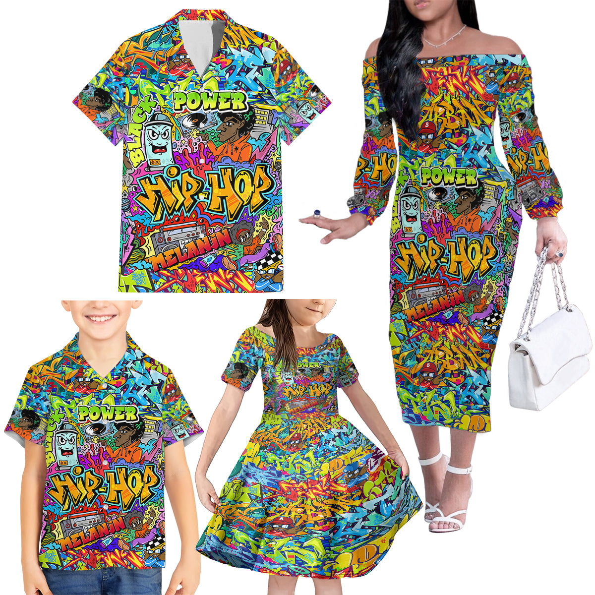 Hip Hop Graffiti Art Family Matching Off Shoulder Long Sleeve Dress and Hawaiian Shirt Black Power - Wonder Print Shop