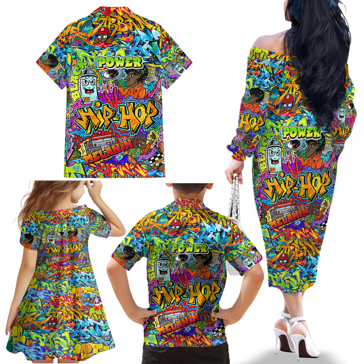Hip Hop Graffiti Art Family Matching Off Shoulder Long Sleeve Dress and Hawaiian Shirt Black Power - Wonder Print Shop