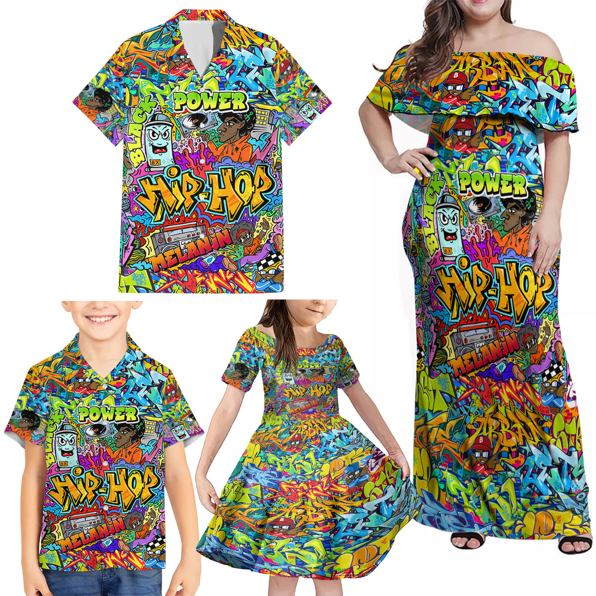 Hip Hop Graffiti Art Family Matching Off Shoulder Maxi Dress and Hawaiian Shirt Black Power - Wonder Print Shop