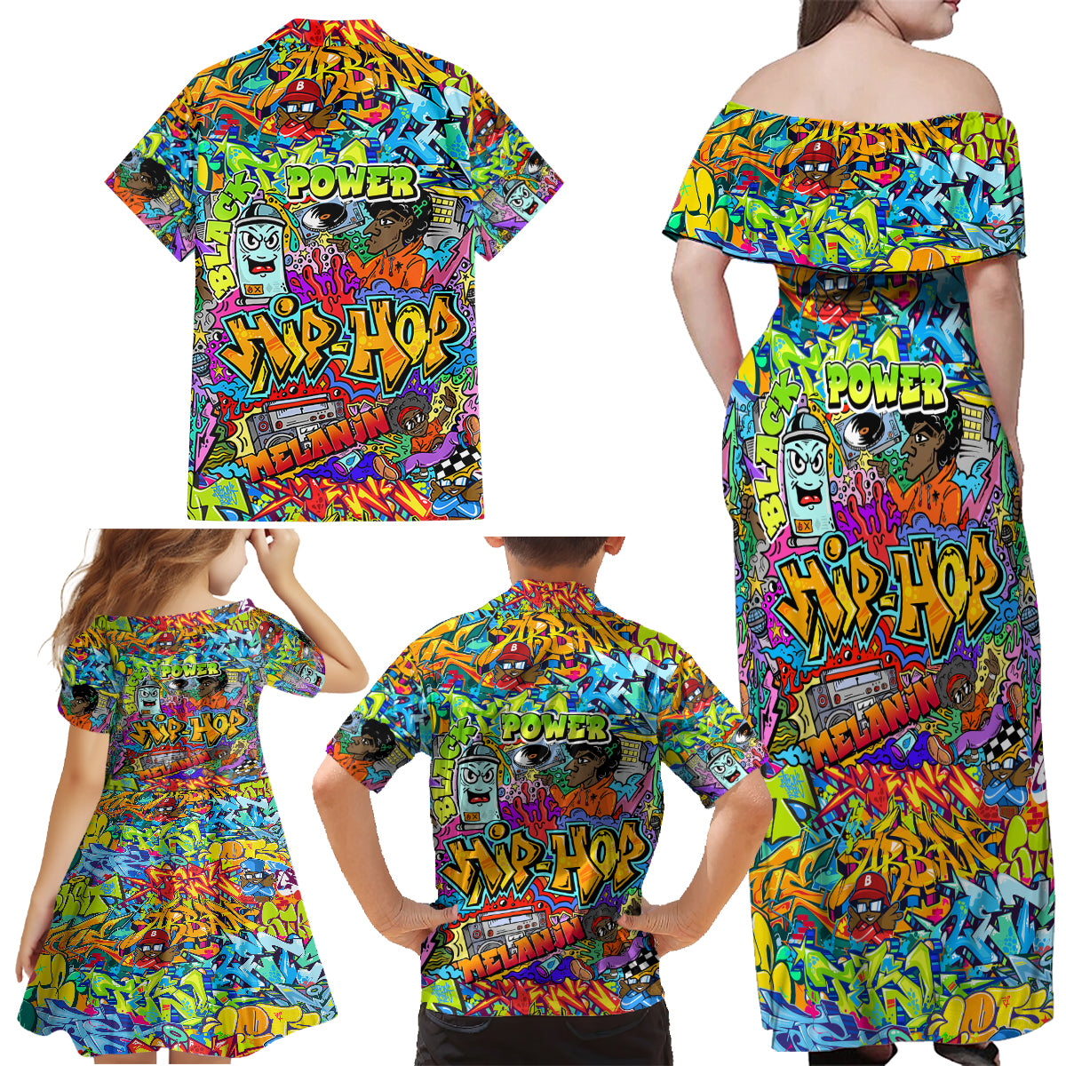 Hip Hop Graffiti Art Family Matching Off Shoulder Maxi Dress and Hawaiian Shirt Black Power - Wonder Print Shop
