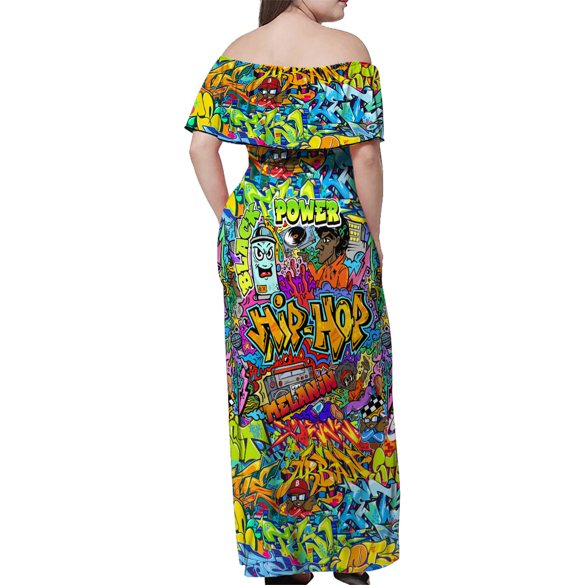 Hip Hop Graffiti Art Family Matching Off Shoulder Maxi Dress and Hawaiian Shirt Black Power - Wonder Print Shop