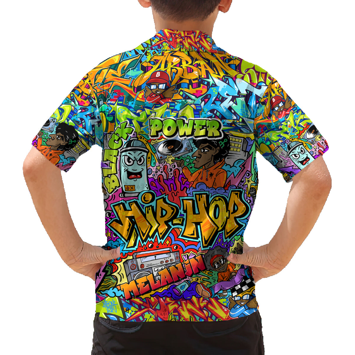Hip Hop Graffiti Art Family Matching Off Shoulder Short Dress and Hawaiian Shirt Black Power - Wonder Print Shop