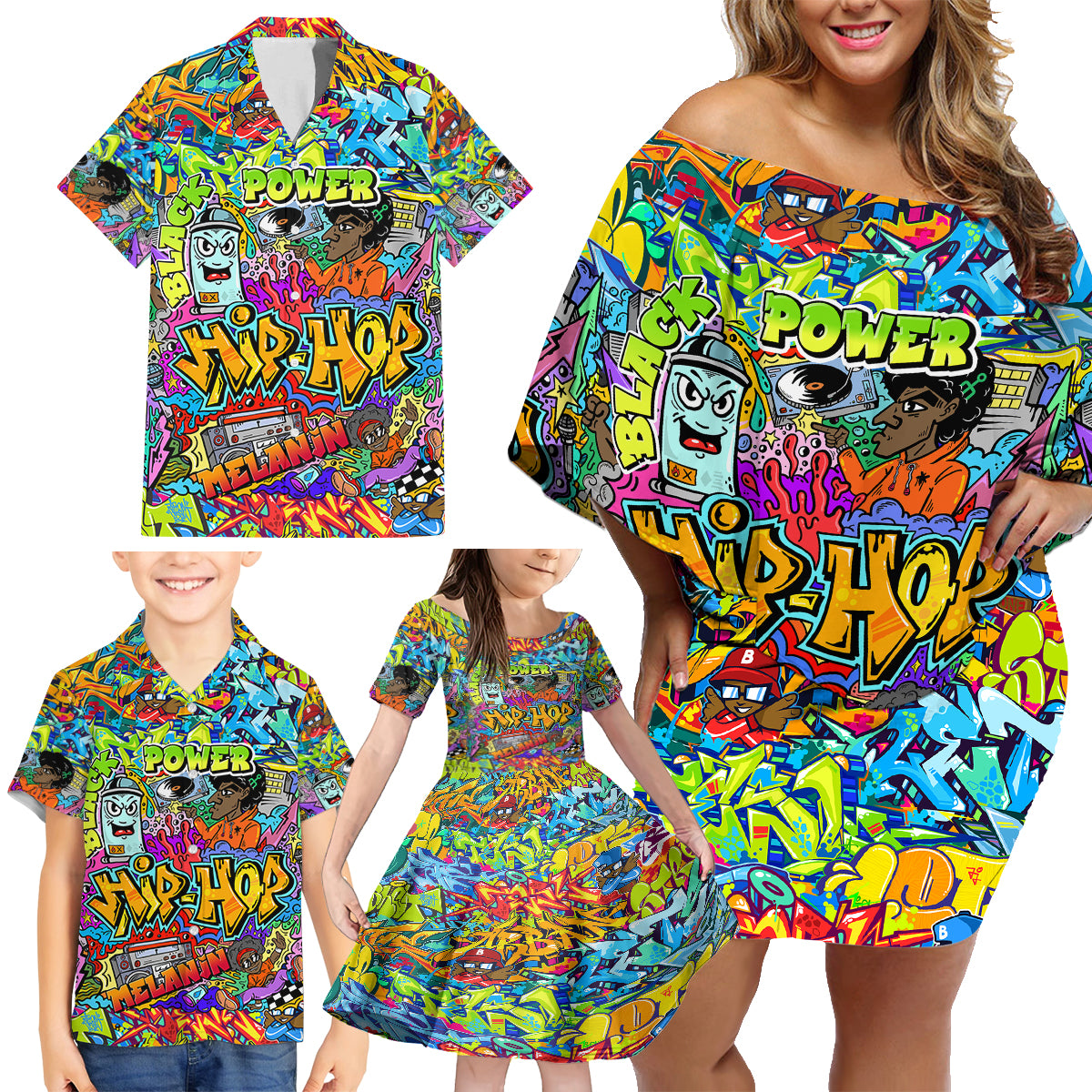 Hip Hop Graffiti Art Family Matching Off Shoulder Short Dress and Hawaiian Shirt Black Power - Wonder Print Shop