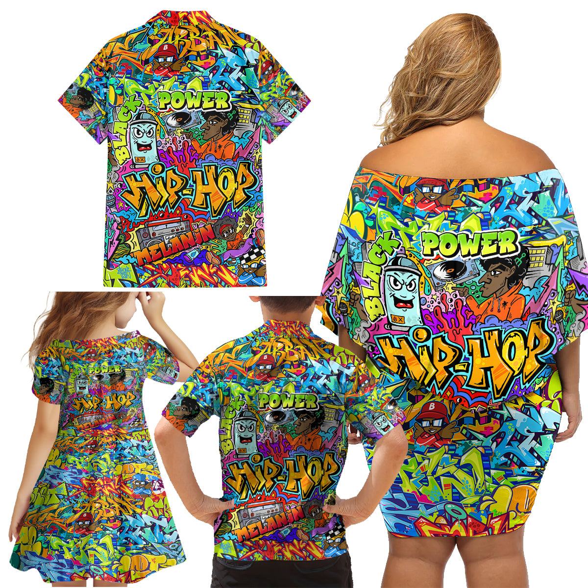Hip Hop Graffiti Art Family Matching Off Shoulder Short Dress and Hawaiian Shirt Black Power - Wonder Print Shop
