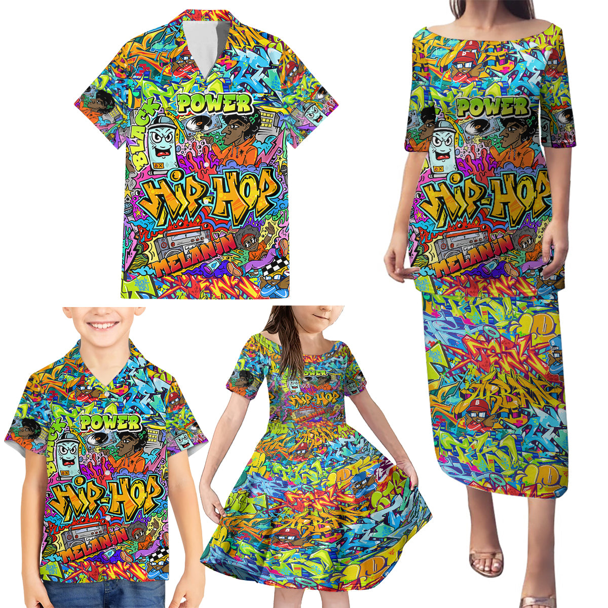 Hip Hop Graffiti Art Family Matching Puletasi Dress and Hawaiian Shirt Black Power - Wonder Print Shop
