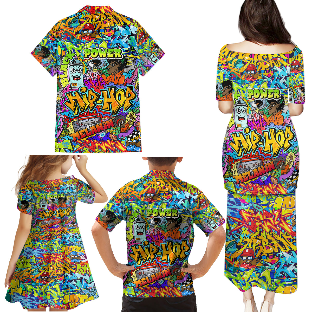 Hip Hop Graffiti Art Family Matching Puletasi Dress and Hawaiian Shirt Black Power - Wonder Print Shop