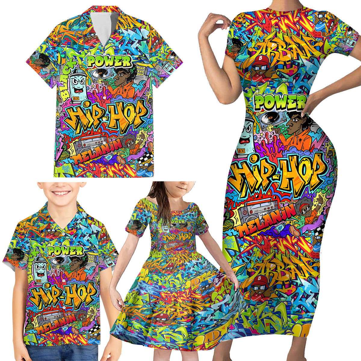 Hip Hop Graffiti Art Family Matching Short Sleeve Bodycon Dress and Hawaiian Shirt Black Power - Wonder Print Shop