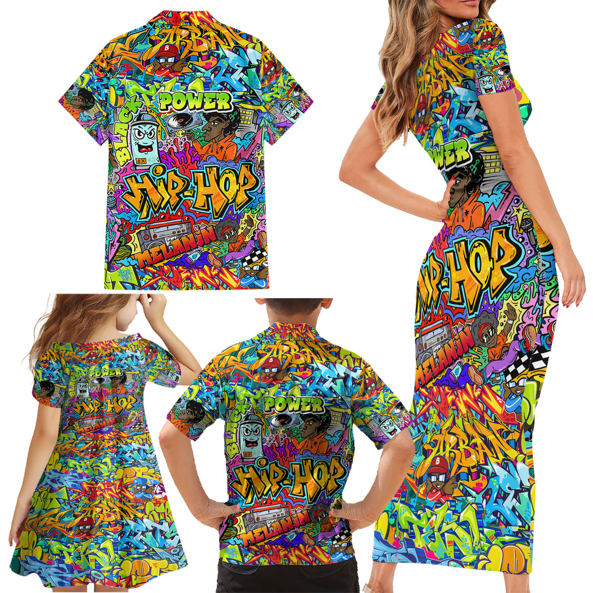 Hip Hop Graffiti Art Family Matching Short Sleeve Bodycon Dress and Hawaiian Shirt Black Power - Wonder Print Shop