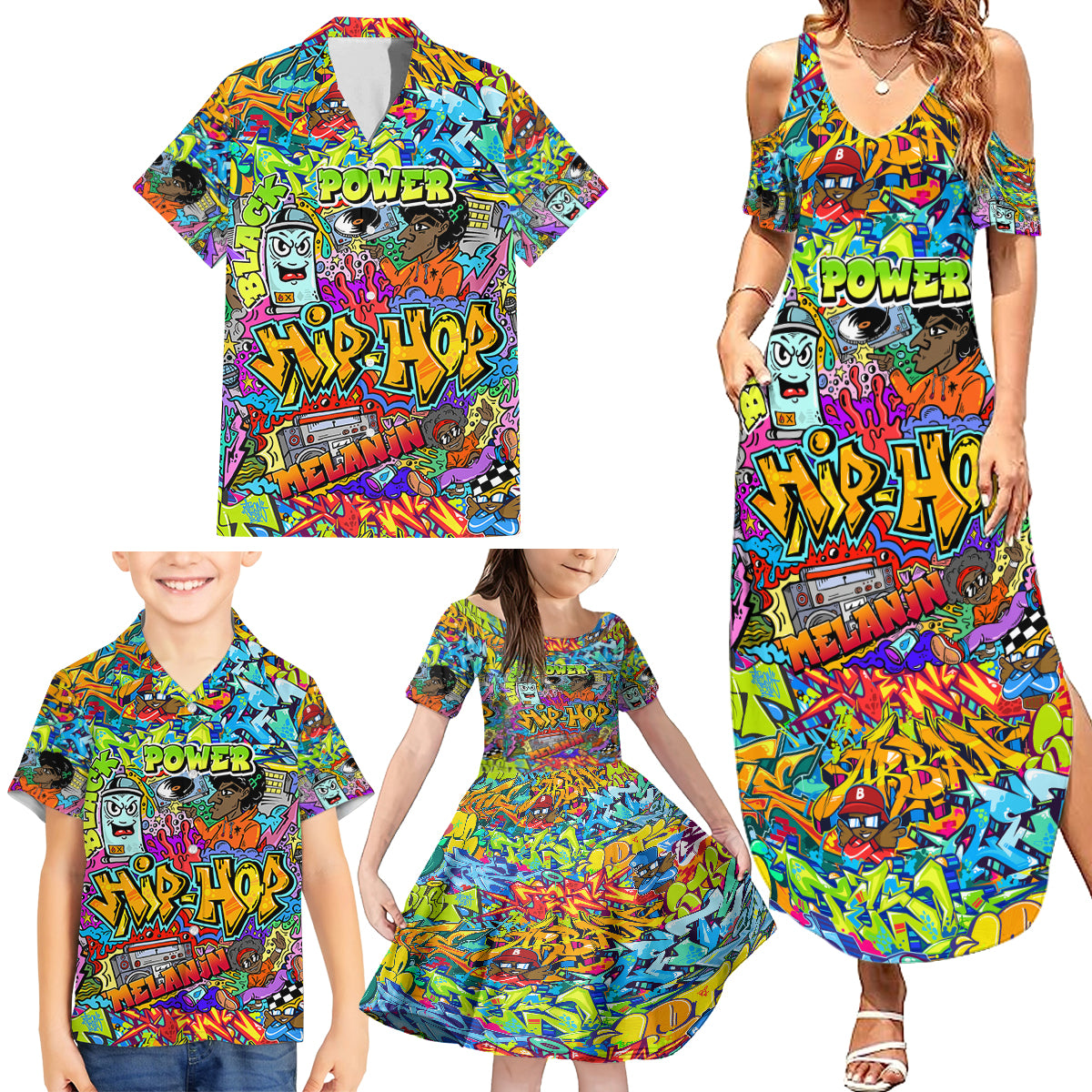 Hip Hop Graffiti Art Family Matching Summer Maxi Dress and Hawaiian Shirt Black Power - Wonder Print Shop