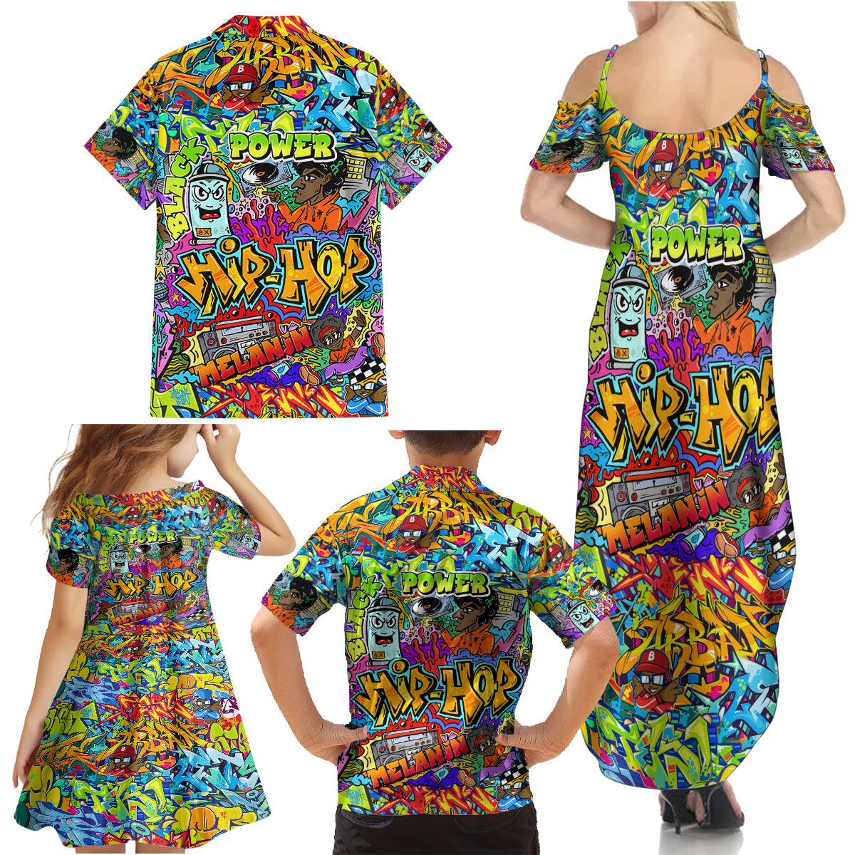 Hip Hop Graffiti Art Family Matching Summer Maxi Dress and Hawaiian Shirt Black Power - Wonder Print Shop