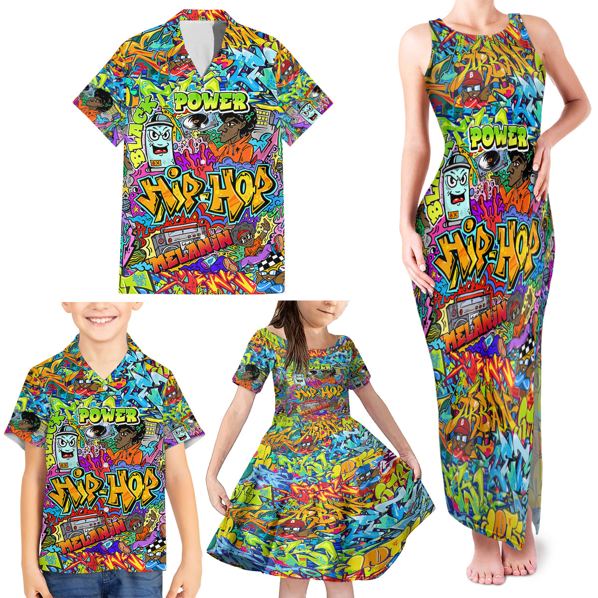 Hip Hop Graffiti Art Family Matching Tank Maxi Dress and Hawaiian Shirt Black Power - Wonder Print Shop