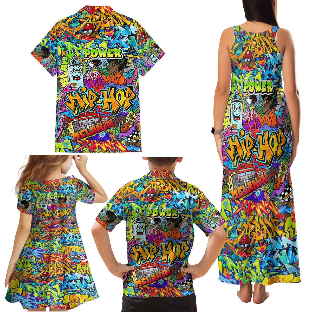 Hip Hop Graffiti Art Family Matching Tank Maxi Dress and Hawaiian Shirt Black Power - Wonder Print Shop