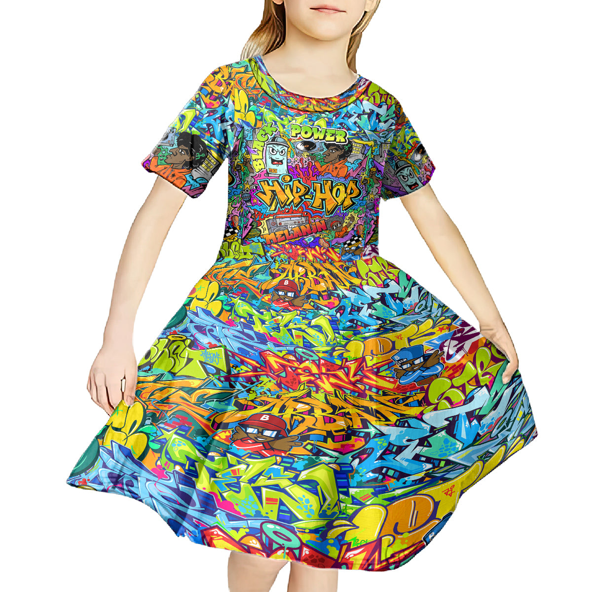 Hip Hop Graffiti Art Kid Short Sleeve Dress Black Power - Wonder Print Shop