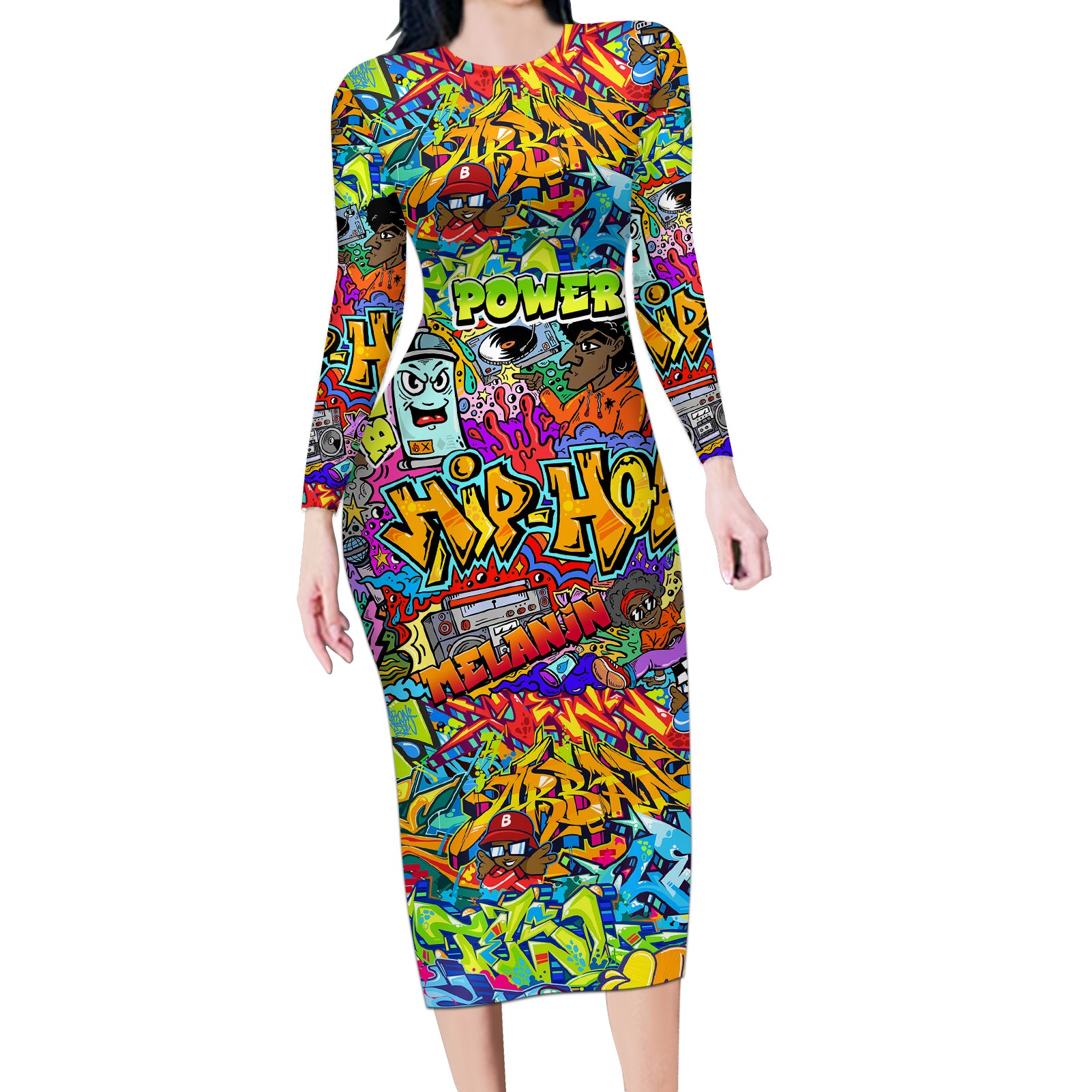 Hip Hop Graffiti Art Long Sleeve Bodycon Dress Black Power - Wonder Print Shop