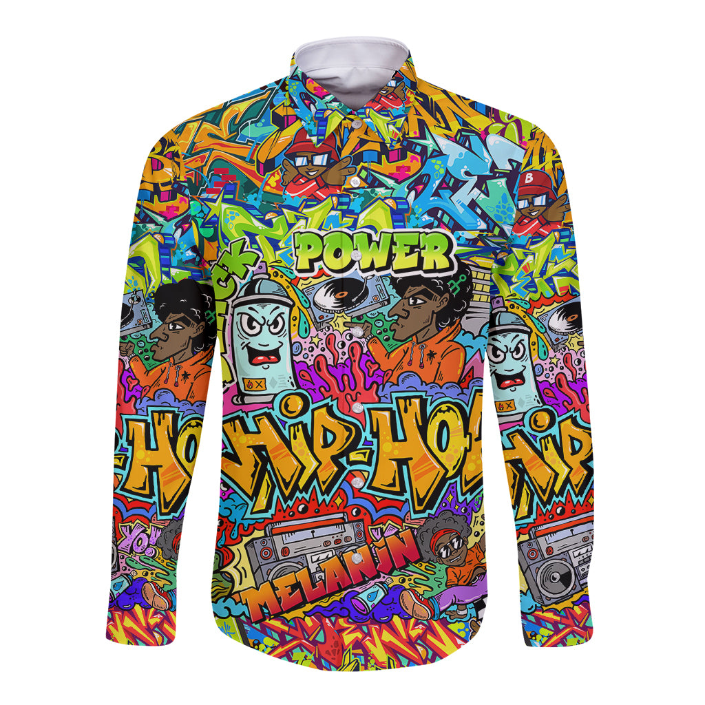 Hip Hop Graffiti Art Long Sleeve Button Shirt Black Power - Wonder Print Shop
