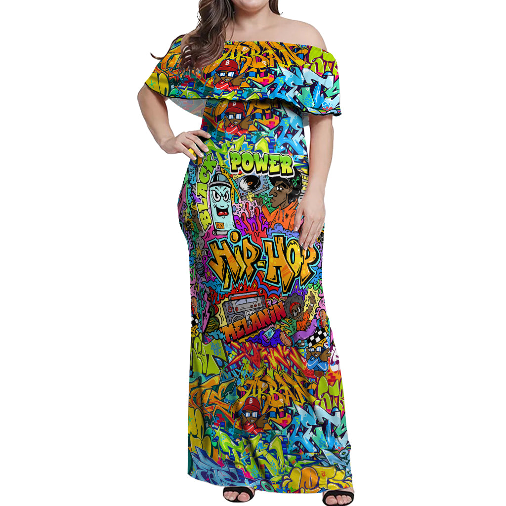 Hip Hop Graffiti Art Off Shoulder Maxi Dress Black Power - Wonder Print Shop