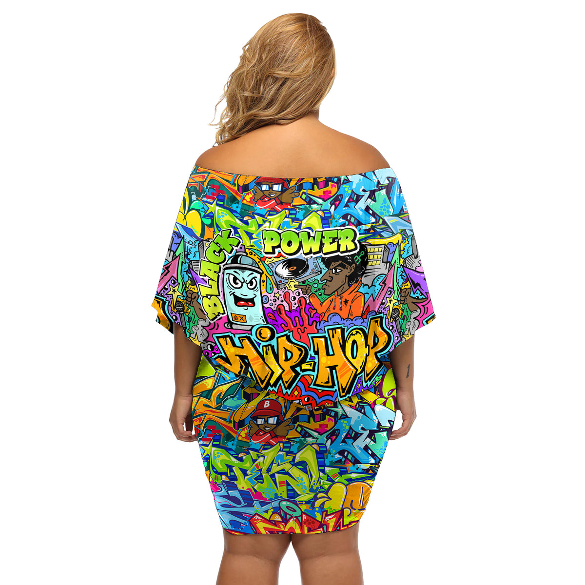 Hip Hop Graffiti Art Off Shoulder Short Dress Black Power - Wonder Print Shop