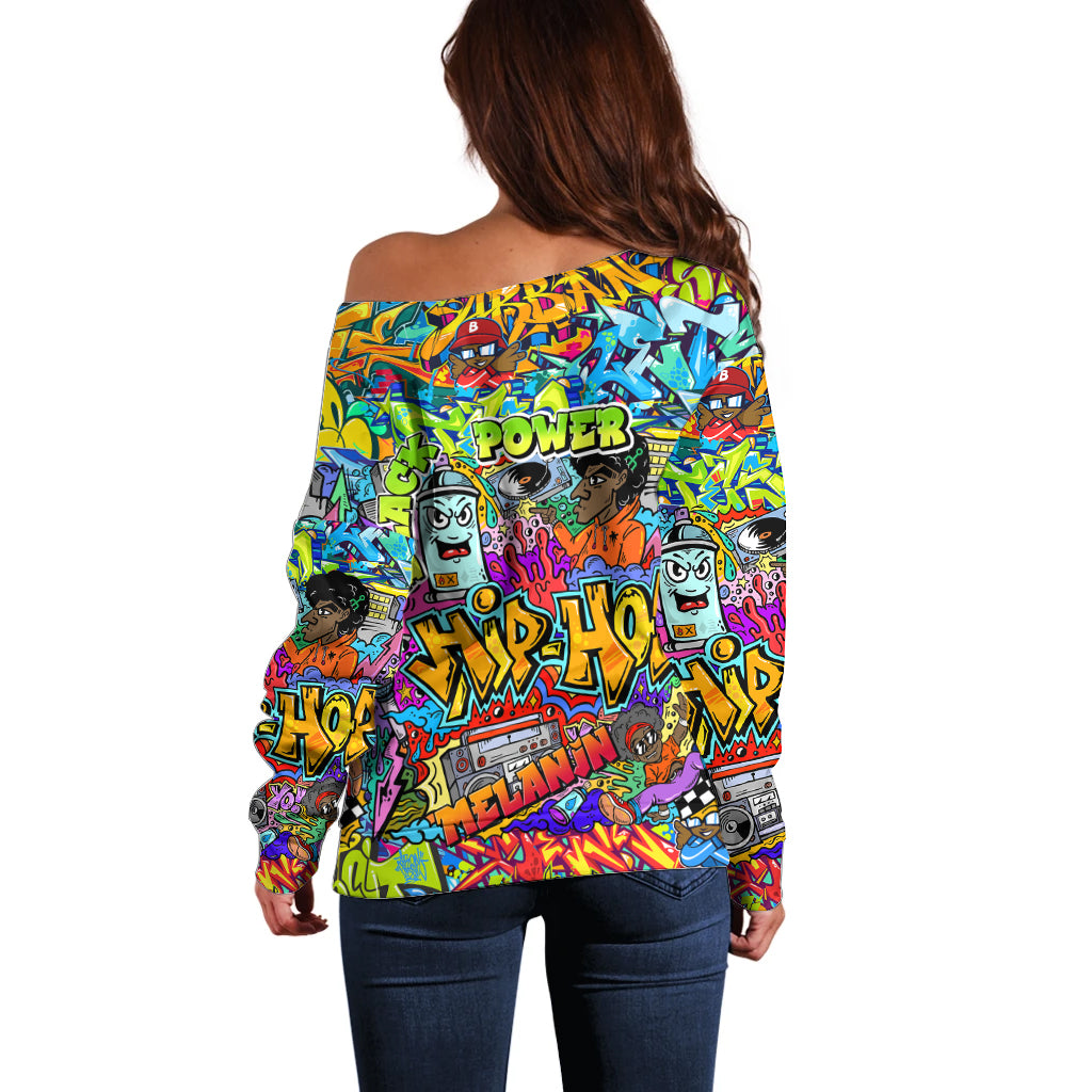 Hip Hop Graffiti Art Off Shoulder Sweater Black Power - Wonder Print Shop