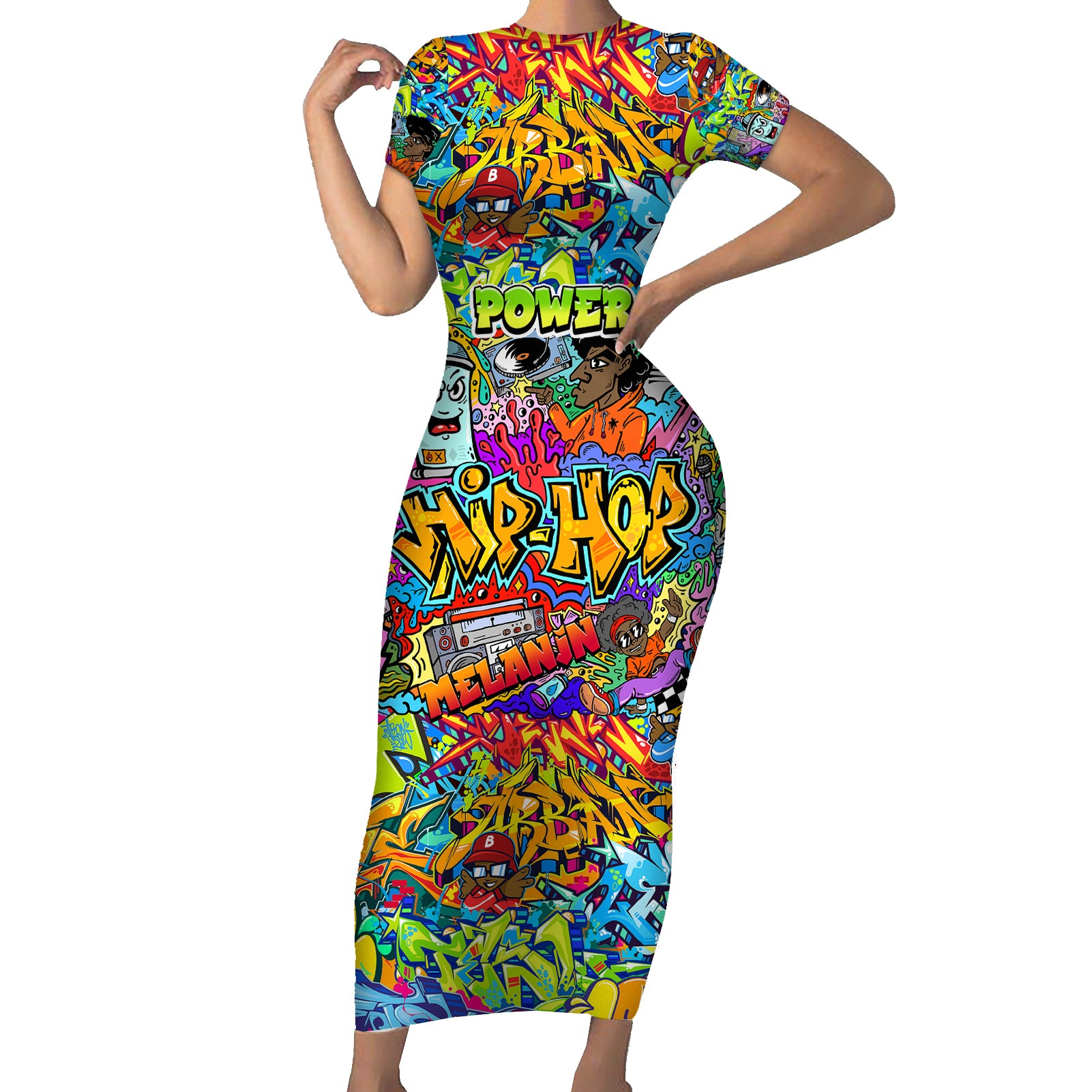 Hip Hop Graffiti Art Short Sleeve Bodycon Dress Black Power - Wonder Print Shop