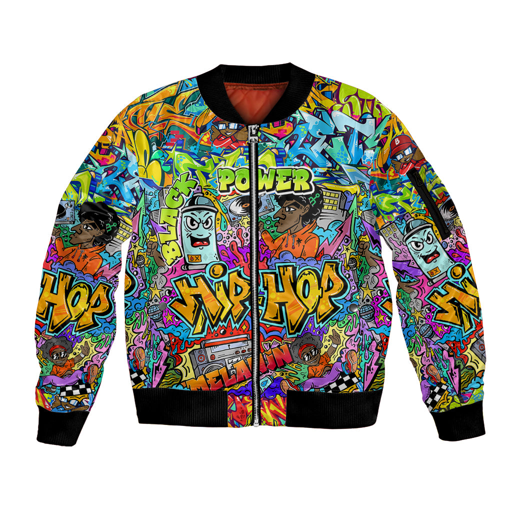 Hip Hop Graffiti Art Sleeve Zip Bomber Jacket Black Power - Wonder Print Shop