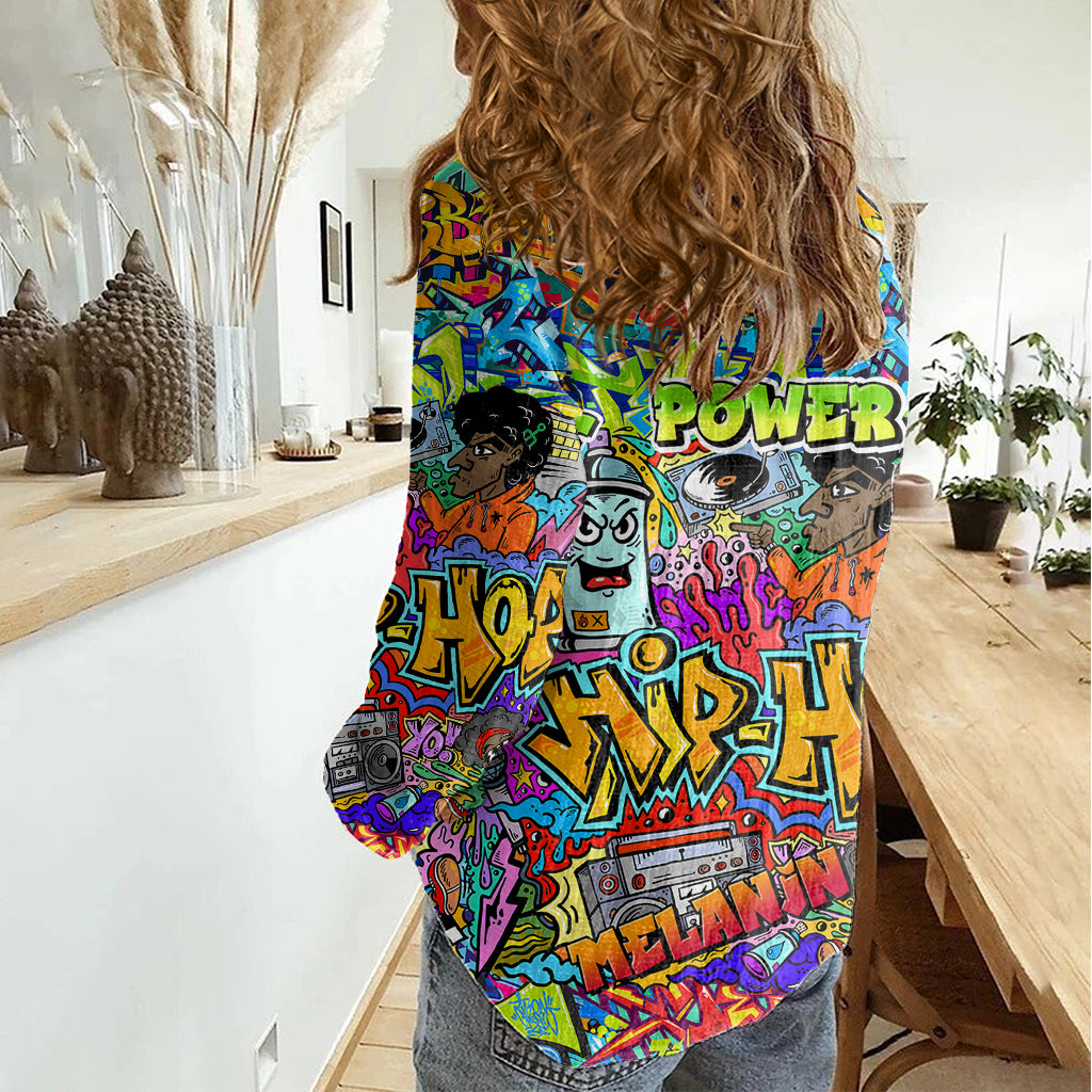 Hip Hop Graffiti Art Women Casual Shirt Black Power - Wonder Print Shop