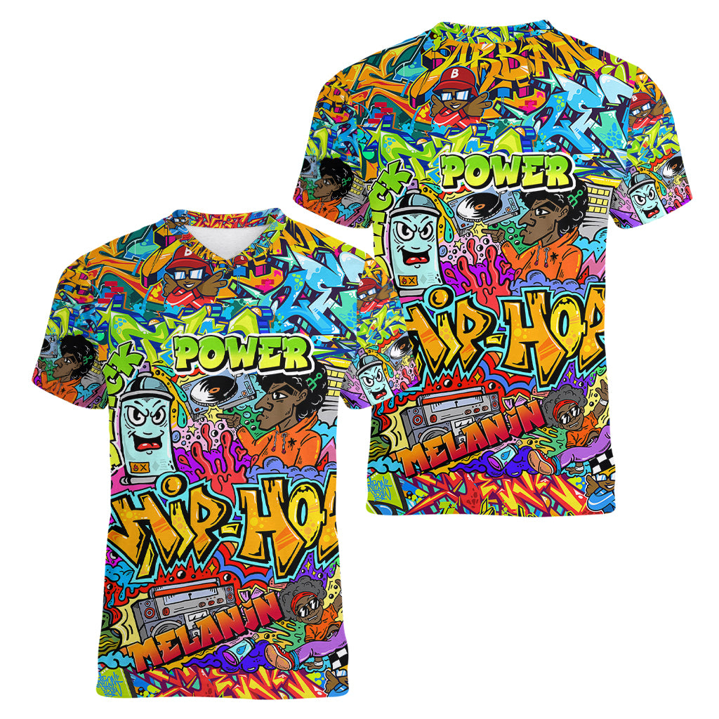 Hip Hop Graffiti Art Women V Neck T Shirt Black Power - Wonder Print Shop