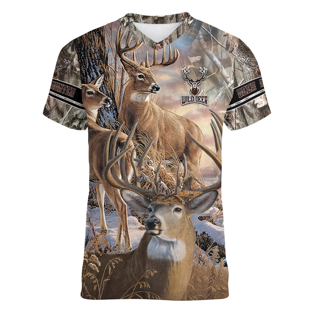 Wild Deer Hunting Women V Neck T Shirt Realtree Buck and Doe - Wonder Print Shop