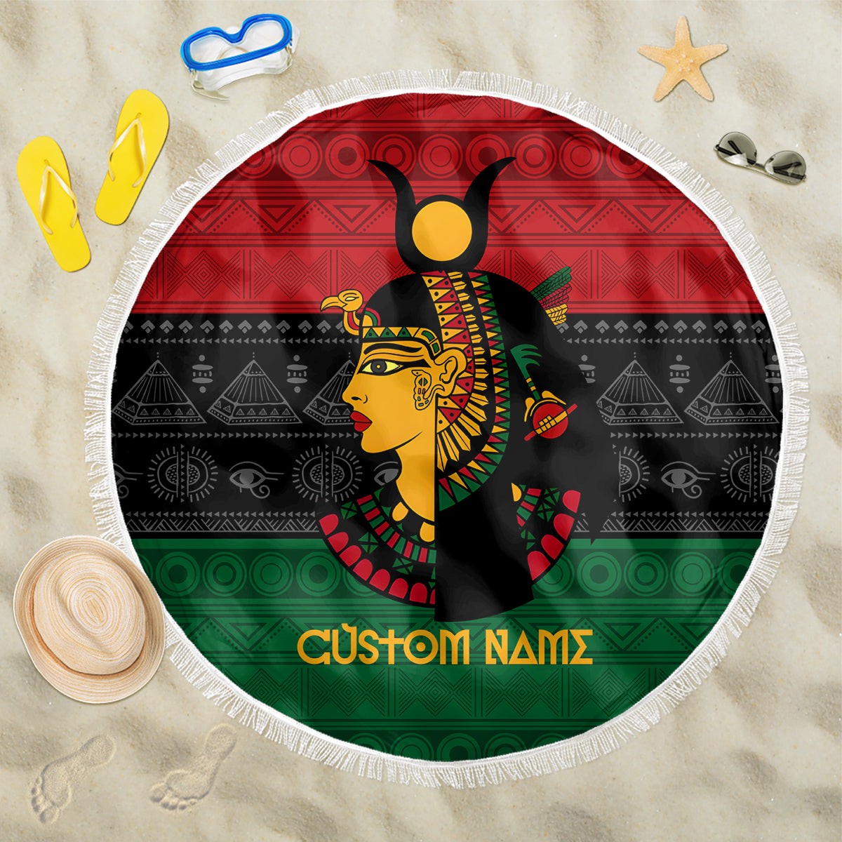 Personalized Queen In Pan-African Colors Beach Blanket Egyptian Beautiful Goddess - Wonder Print Shop