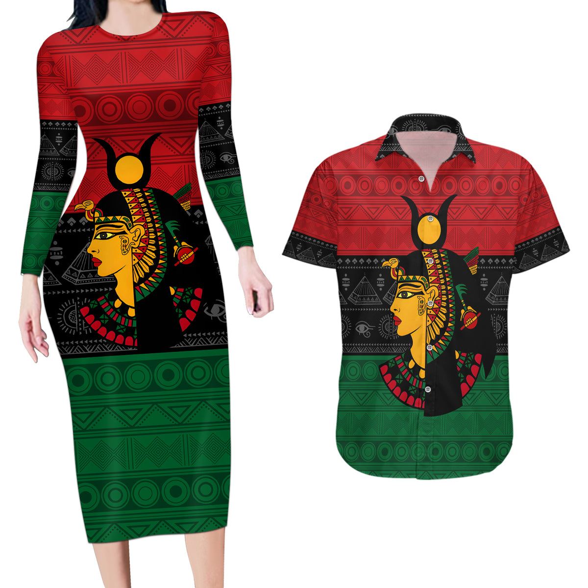 Personalized Queen In Pan-African Colors Couples Matching Long Sleeve Bodycon Dress and Hawaiian Shirt Egyptian Beautiful Goddess - Wonder Print Shop