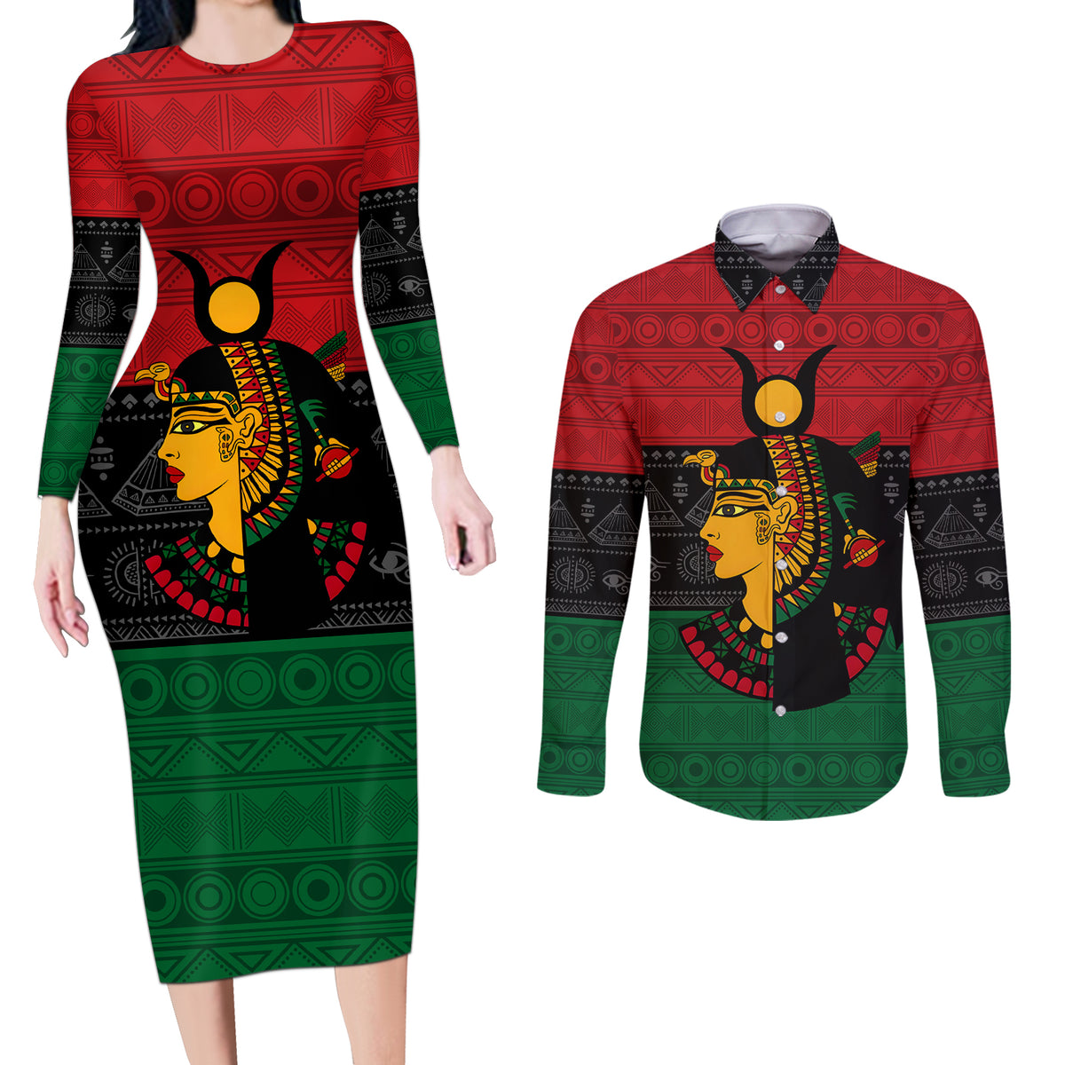 Personalized Queen In Pan-African Colors Couples Matching Long Sleeve Bodycon Dress and Long Sleeve Button Shirt Egyptian Beautiful Goddess - Wonder Print Shop