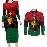 Personalized Queen In Pan-African Colors Couples Matching Long Sleeve Bodycon Dress and Long Sleeve Button Shirt Egyptian Beautiful Goddess - Wonder Print Shop