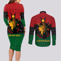 Personalized Queen In Pan-African Colors Couples Matching Long Sleeve Bodycon Dress and Long Sleeve Button Shirt Egyptian Beautiful Goddess - Wonder Print Shop