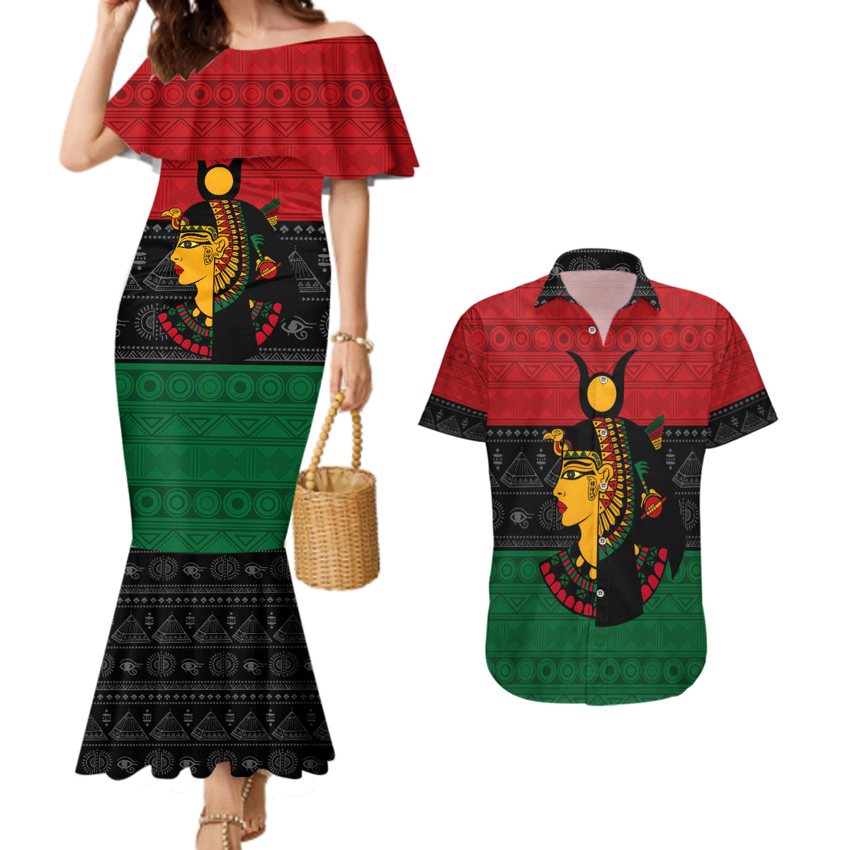 Personalized Queen In Pan-African Colors Couples Matching Mermaid Dress and Hawaiian Shirt Egyptian Beautiful Goddess - Wonder Print Shop