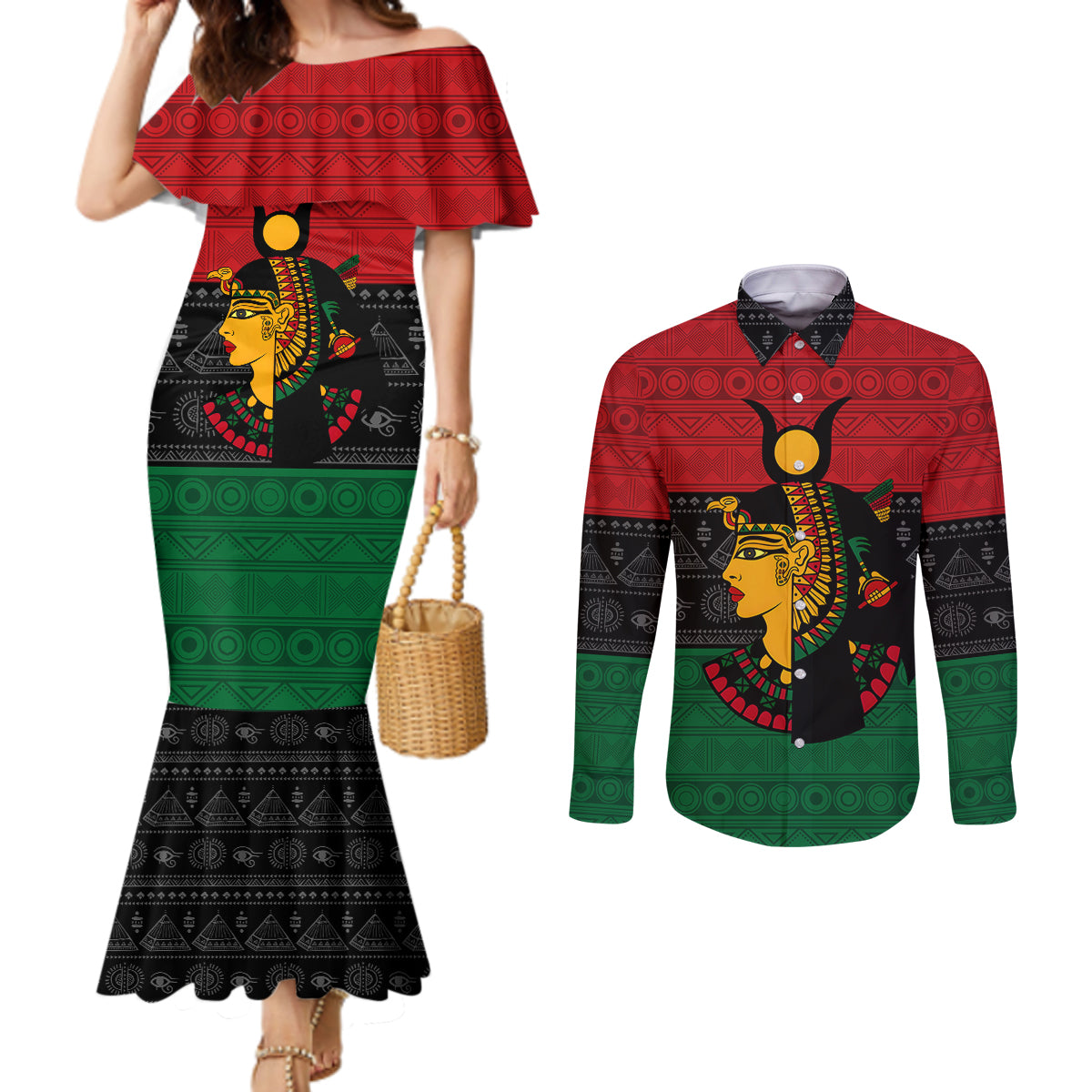 Personalized Queen In Pan-African Colors Couples Matching Mermaid Dress and Long Sleeve Button Shirt Egyptian Beautiful Goddess