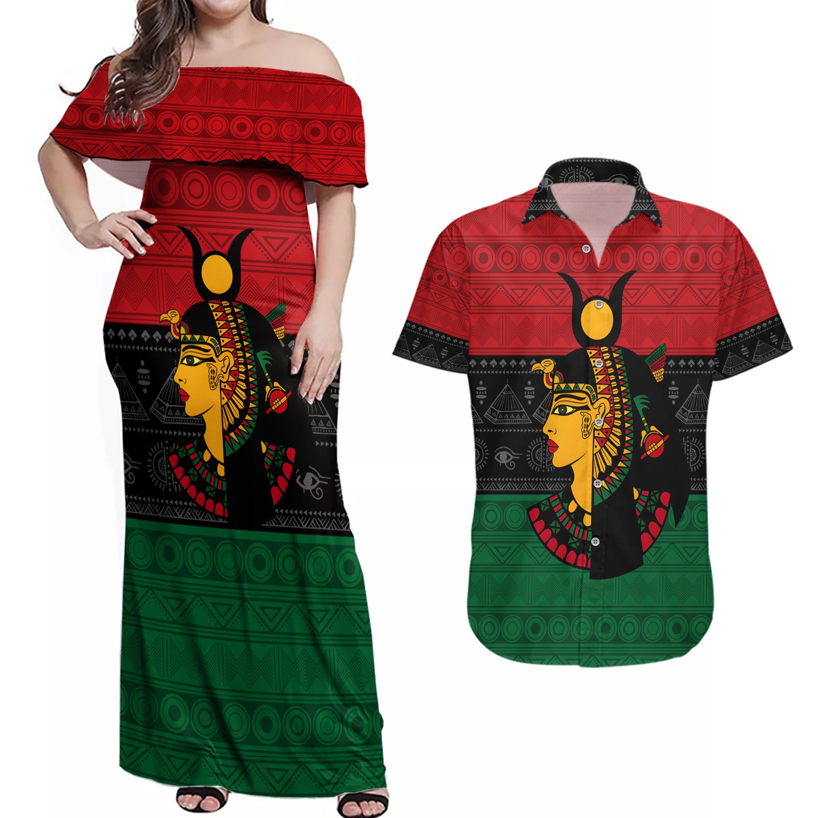Personalized Queen In Pan-African Colors Couples Matching Off Shoulder Maxi Dress and Hawaiian Shirt Egyptian Beautiful Goddess - Wonder Print Shop