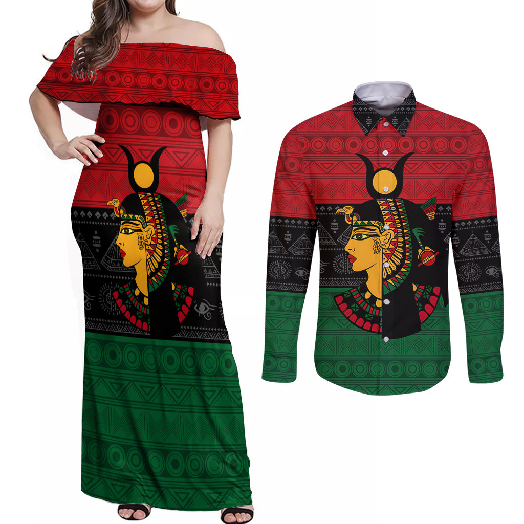 Personalized Queen In Pan-African Colors Couples Matching Off Shoulder Maxi Dress and Long Sleeve Button Shirt Egyptian Beautiful Goddess - Wonder Print Shop