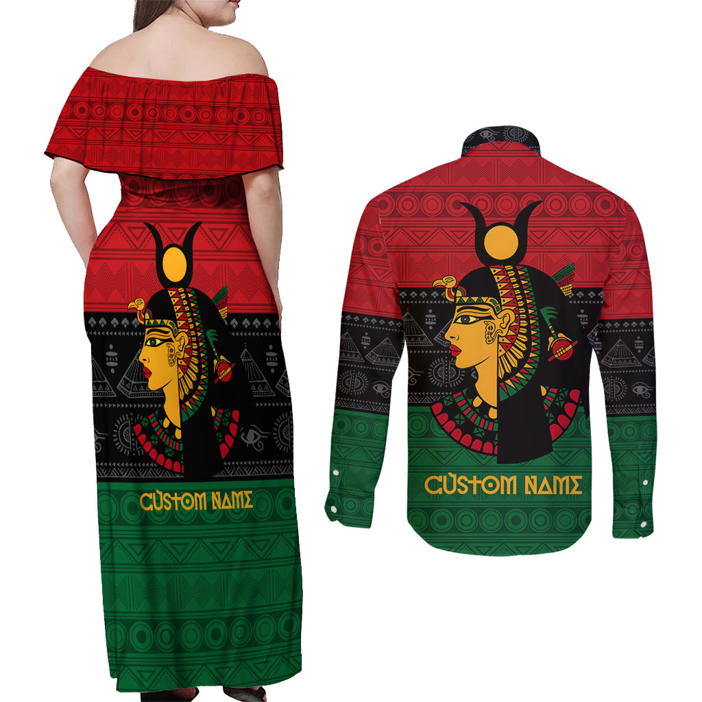 Personalized Queen In Pan-African Colors Couples Matching Off Shoulder Maxi Dress and Long Sleeve Button Shirt Egyptian Beautiful Goddess - Wonder Print Shop