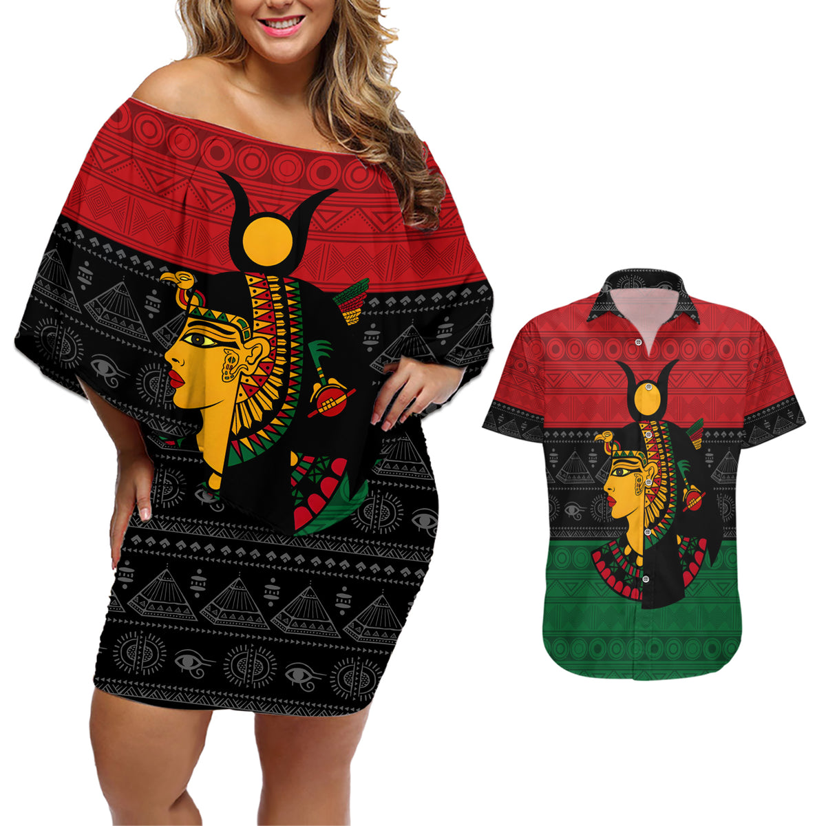 Personalized Queen In Pan-African Colors Couples Matching Off Shoulder Short Dress and Hawaiian Shirt Egyptian Beautiful Goddess - Wonder Print Shop