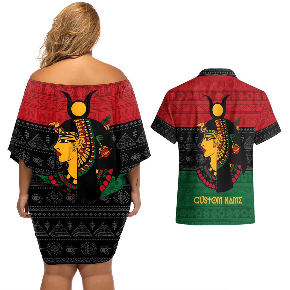 Personalized Queen In Pan-African Colors Couples Matching Off Shoulder Short Dress and Hawaiian Shirt Egyptian Beautiful Goddess - Wonder Print Shop