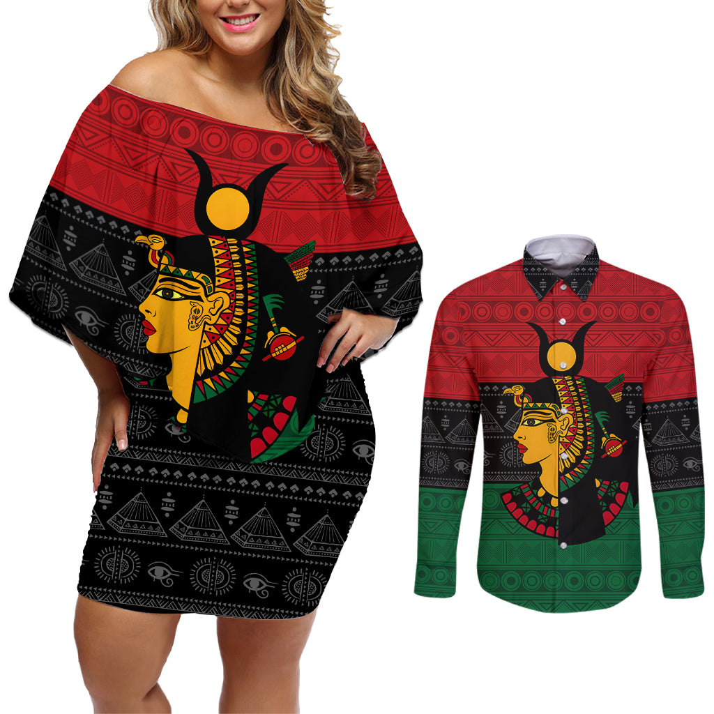 Personalized Queen In Pan-African Colors Couples Matching Off Shoulder Short Dress and Long Sleeve Button Shirt Egyptian Beautiful Goddess - Wonder Print Shop