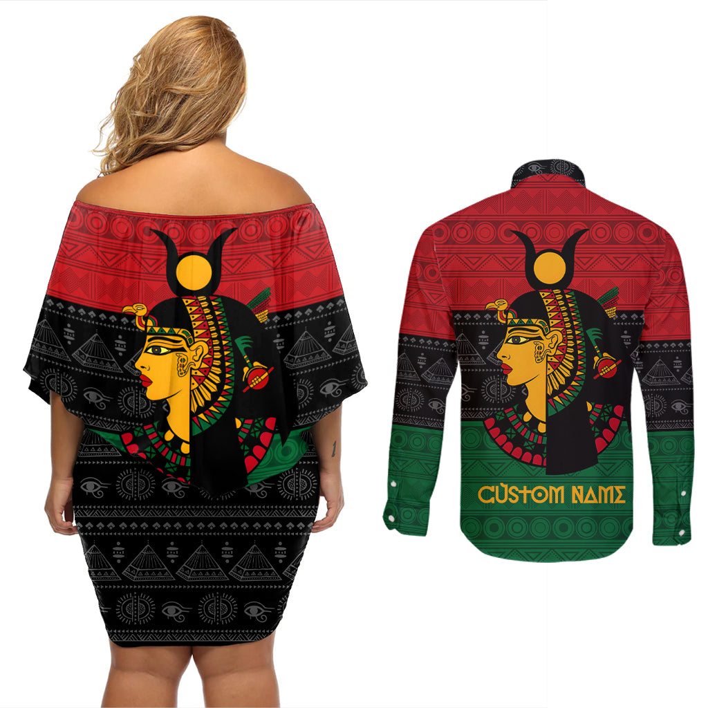 Personalized Queen In Pan-African Colors Couples Matching Off Shoulder Short Dress and Long Sleeve Button Shirt Egyptian Beautiful Goddess - Wonder Print Shop