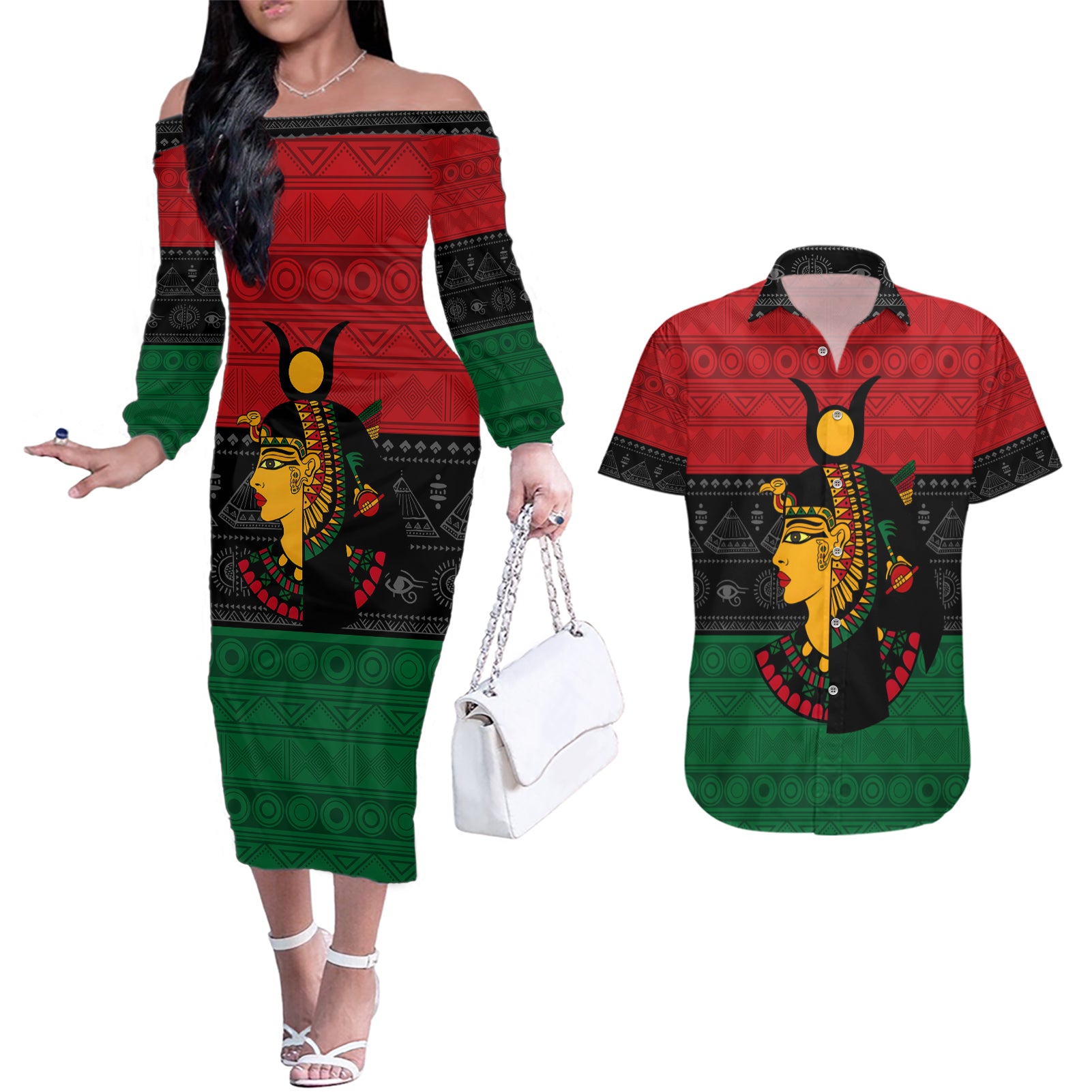 Personalized Queen In Pan-African Colors Couples Matching Off The Shoulder Long Sleeve Dress and Hawaiian Shirt Egyptian Beautiful Goddess
