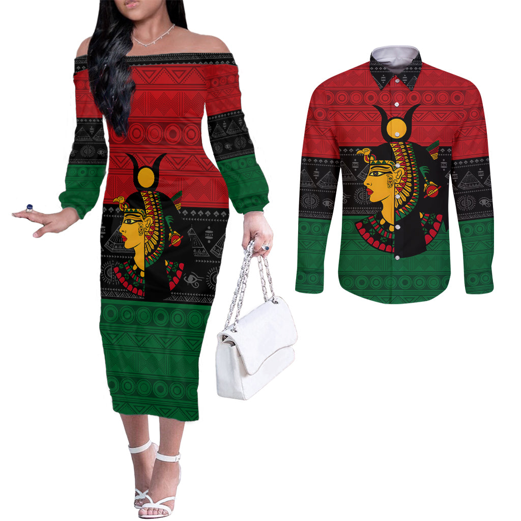 Personalized Queen In Pan-African Colors Couples Matching Off The Shoulder Long Sleeve Dress and Long Sleeve Button Shirt Egyptian Beautiful Goddess