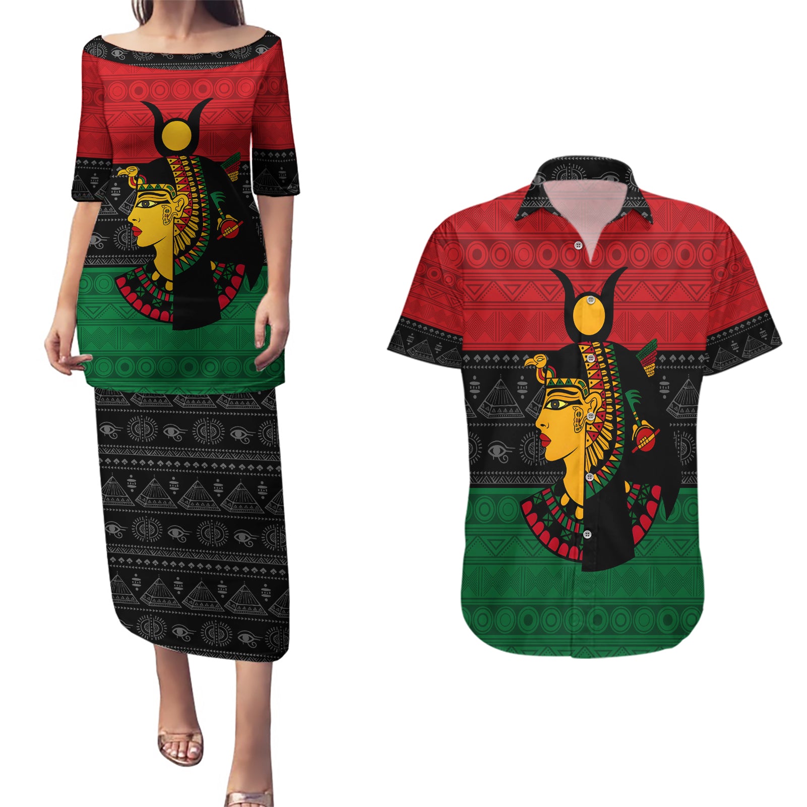 Personalized Queen In Pan-African Colors Couples Matching Puletasi and Hawaiian Shirt Egyptian Beautiful Goddess