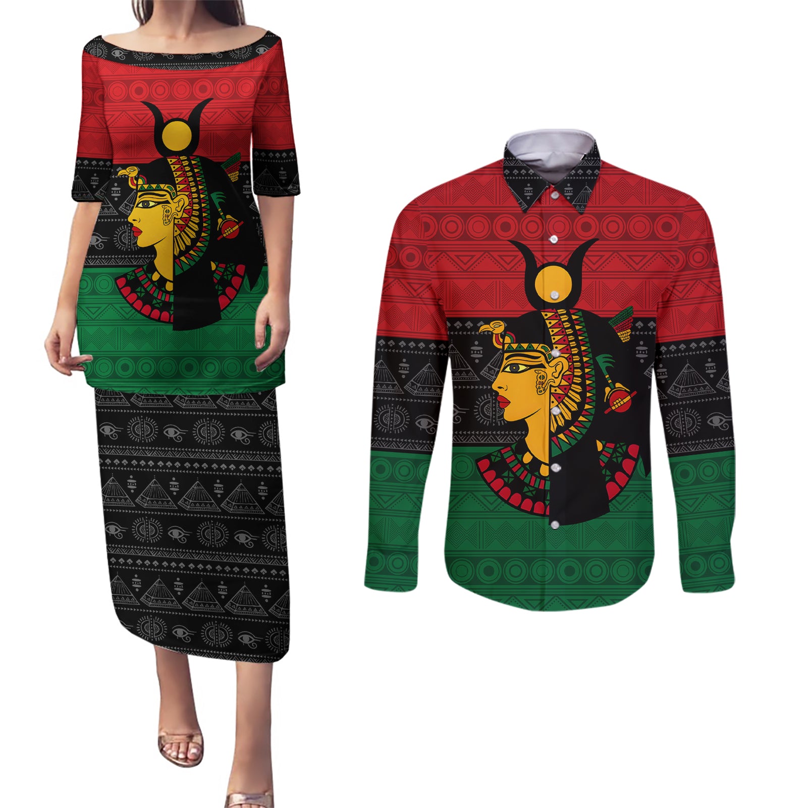 Personalized Queen In Pan-African Colors Couples Matching Puletasi and Long Sleeve Button Shirt Egyptian Beautiful Goddess