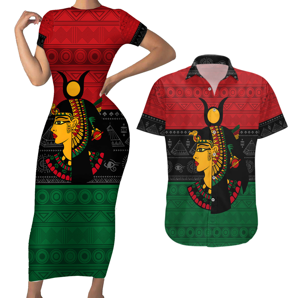 Personalized Queen In Pan-African Colors Couples Matching Short Sleeve Bodycon Dress and Hawaiian Shirt Egyptian Beautiful Goddess - Wonder Print Shop