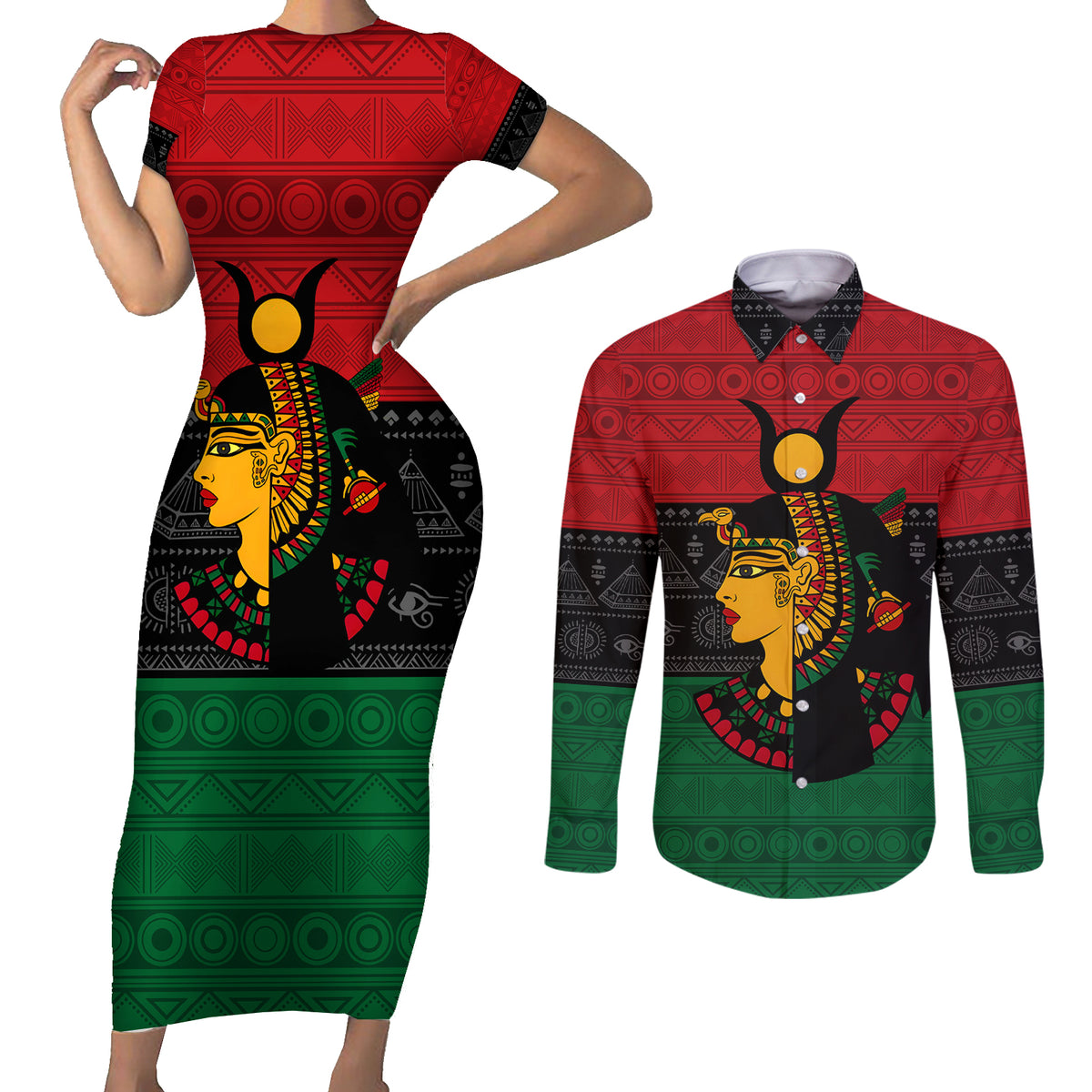 Personalized Queen In Pan-African Colors Couples Matching Short Sleeve Bodycon Dress and Long Sleeve Button Shirt Egyptian Beautiful Goddess - Wonder Print Shop